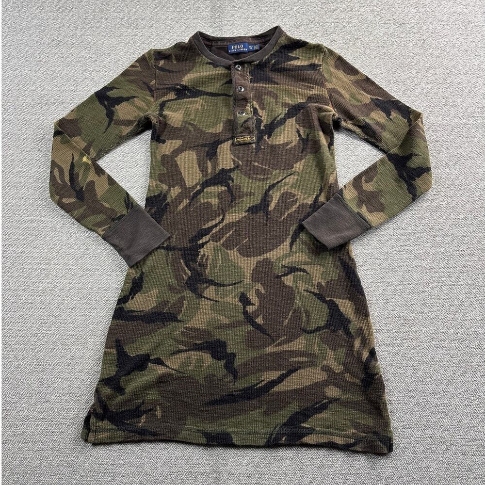 Polo Ralph Lauren Sz XS Camo Long Sleeve Mini Dress Thermal Waffle Grunge